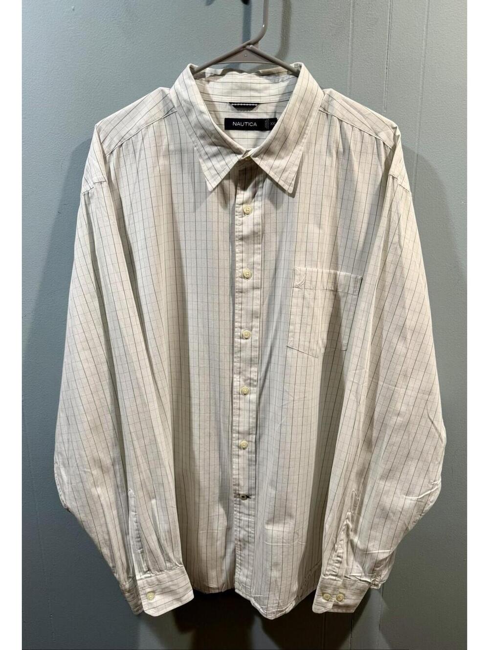 Mens Nautica Long Sleeve Button Up Shirt Size XXL White With Stripes Blue & Grn.